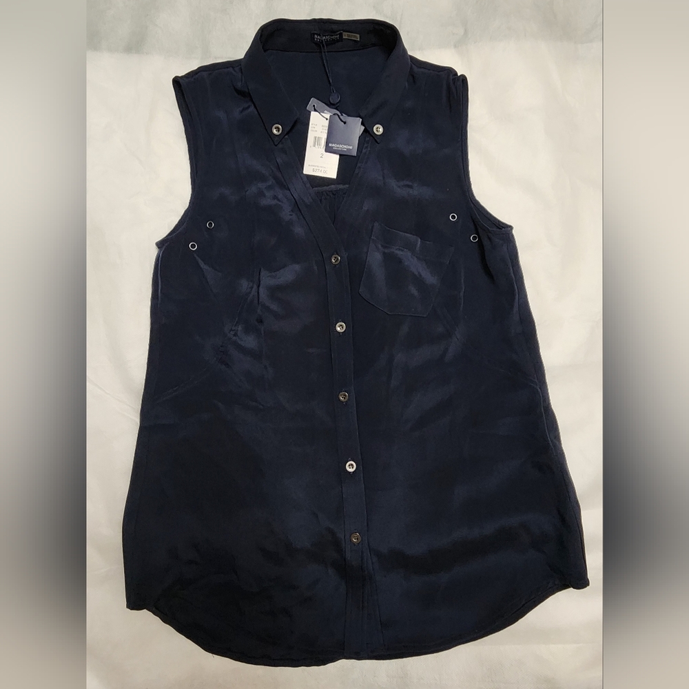 NWT Magaschoni 100% Silk Sleeveless Navy Top MSRP $274 mother's day